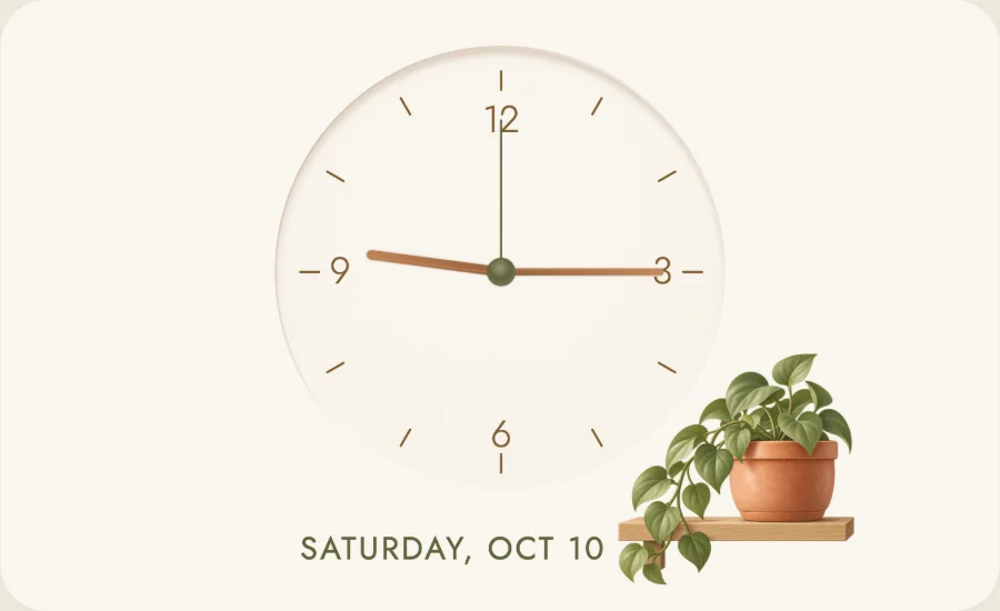 Analog clock face with a potted plant on a shelf