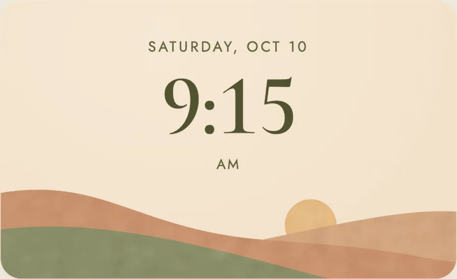 Landscape clock showing 9:15 above rolling hills and a sun