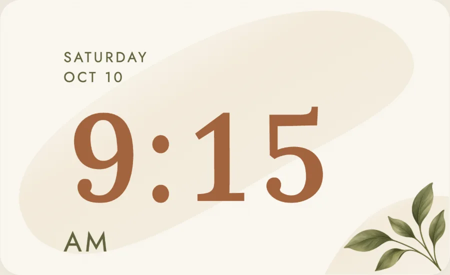 Botanical clock with large terracotta numerals and leaves