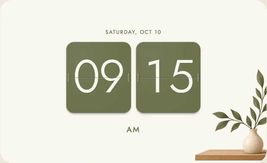 Flip clock with olive plates beside a vase