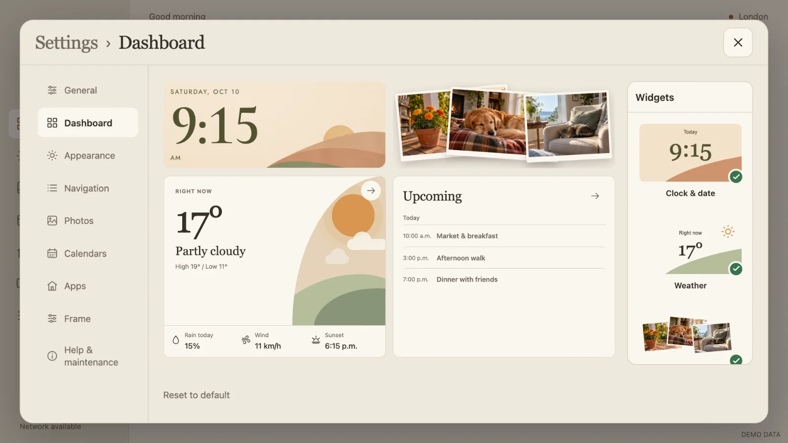 Dashboard editor in Settings with a live canvas and widget gallery