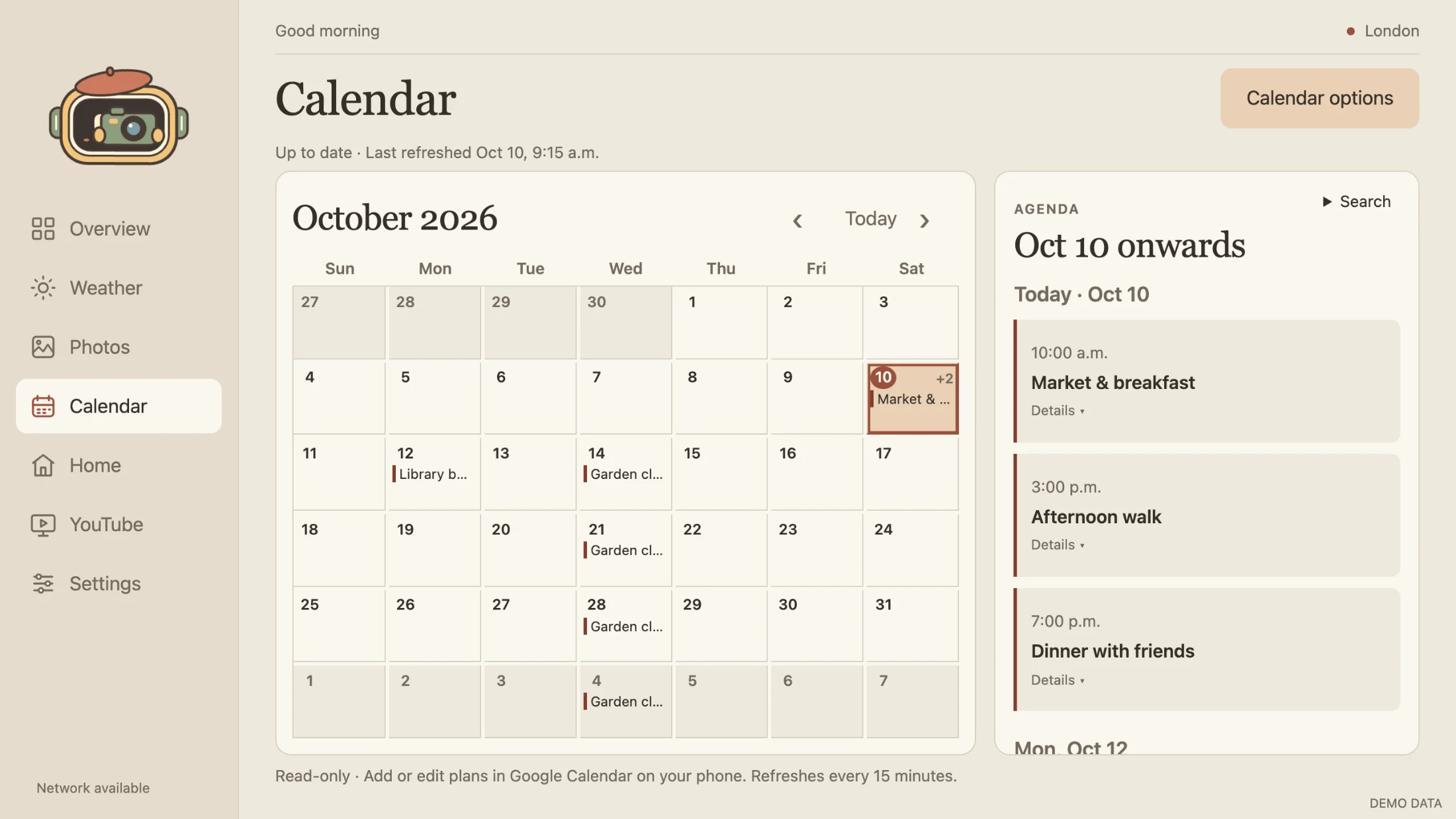 Skylit Calendar: October month view beside an agenda of today's events