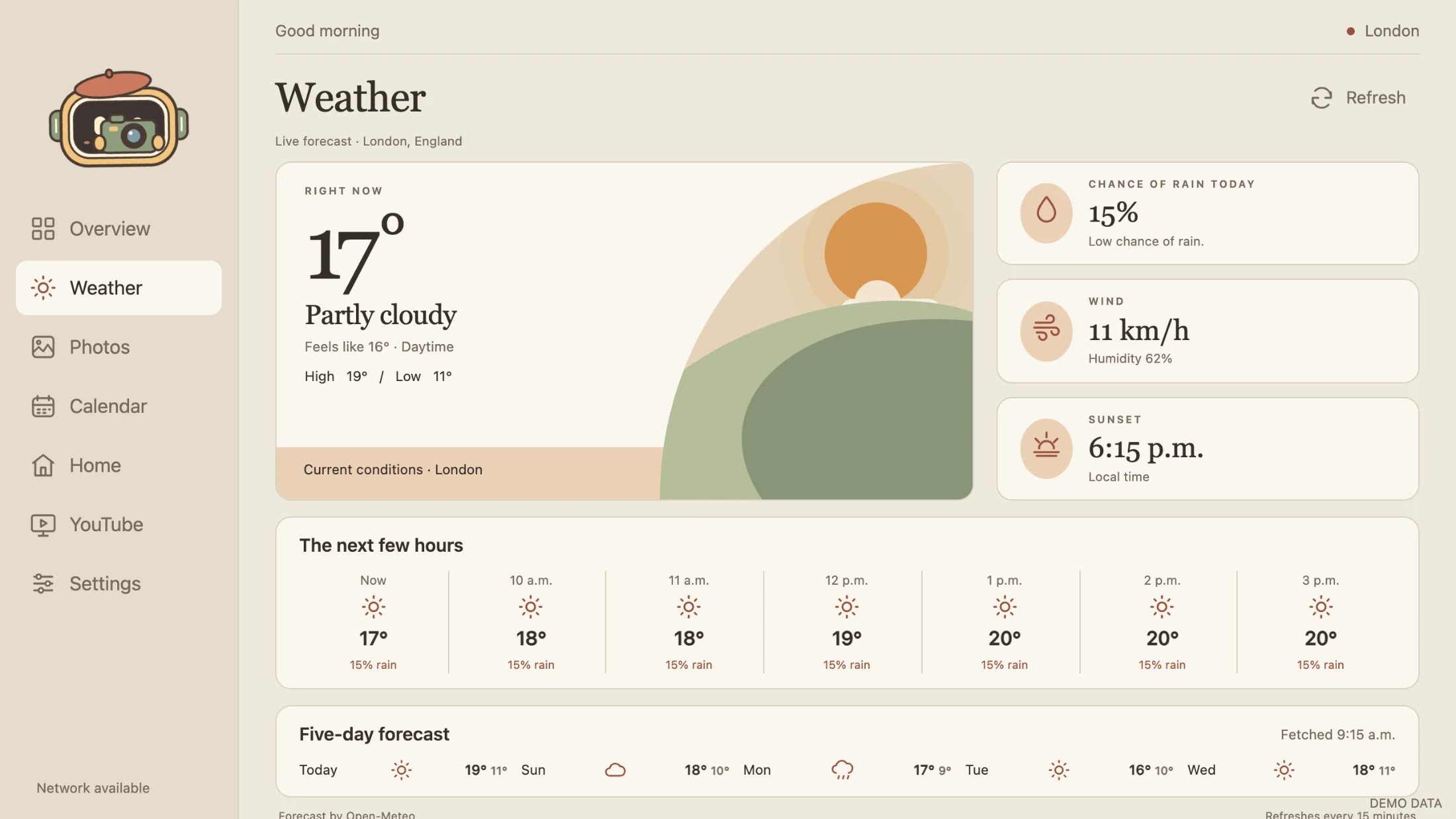 Skylit Weather: illustrated scene, rain, wind and sunset details, hourly and five-day forecast