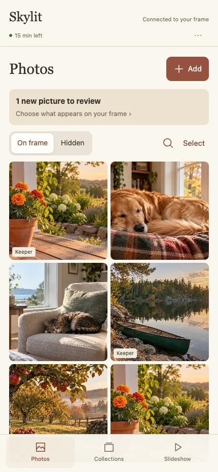Phone app Photos screen with a grid of sample pictures