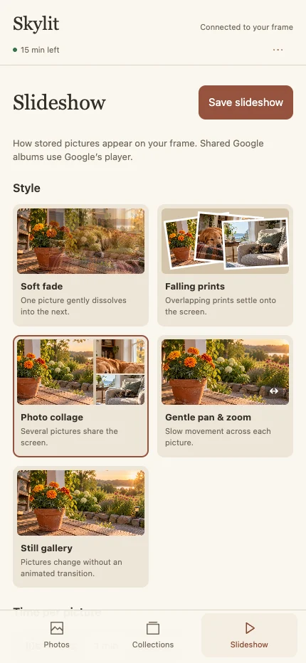 Phone app Slideshow settings with style choices